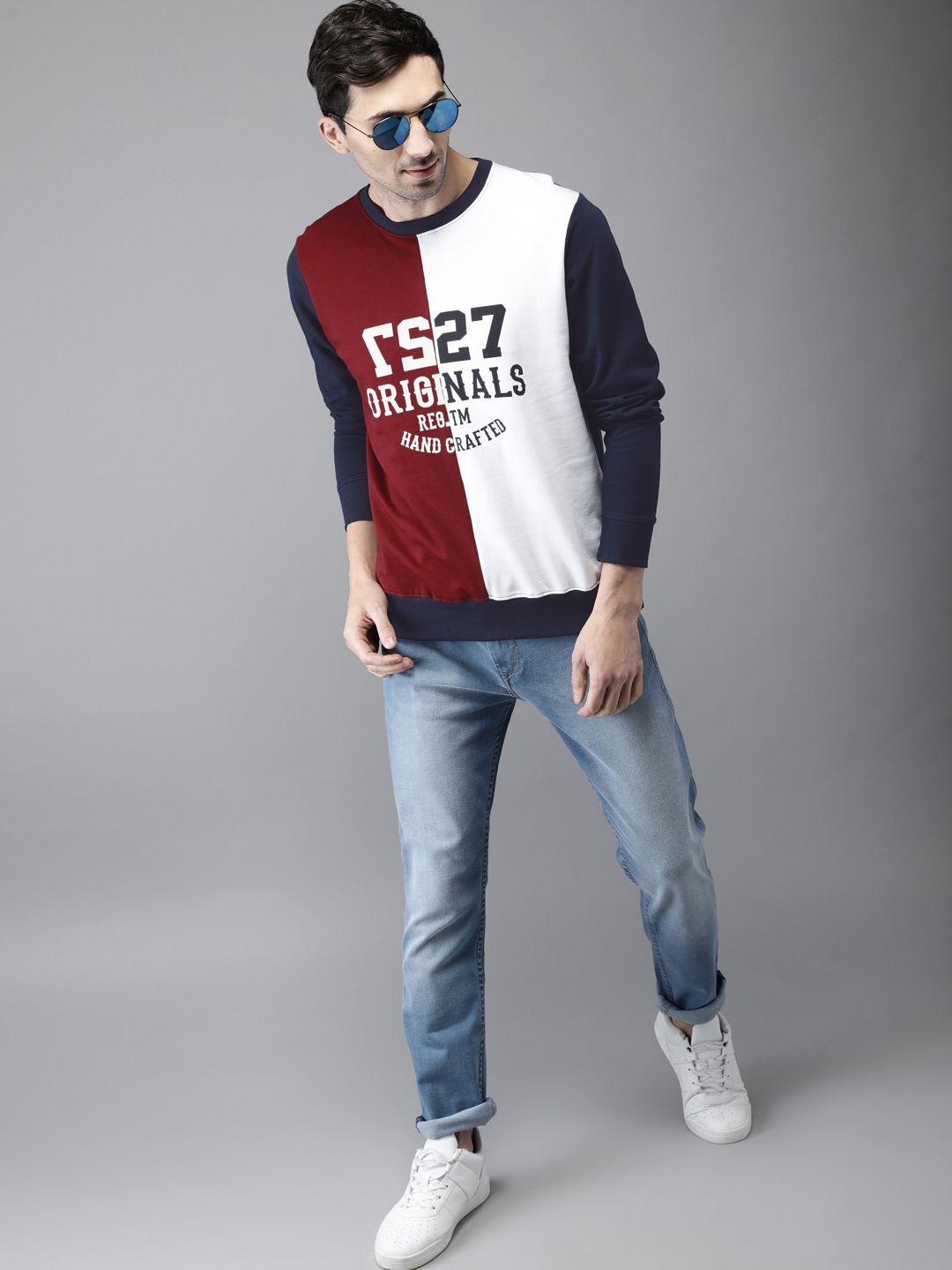 here&now men navy blue & maroon colourblocked sweatshirt