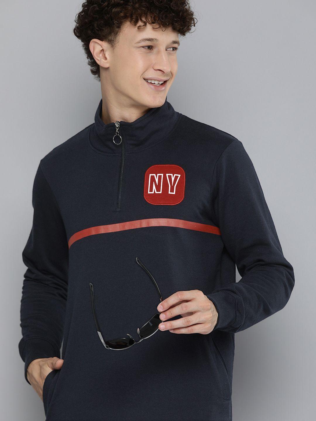 here&now men navy blue & red striped pullover sweatshirt