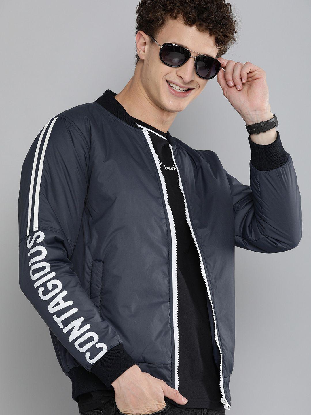 here&now men navy blue & white printed bomber jacket