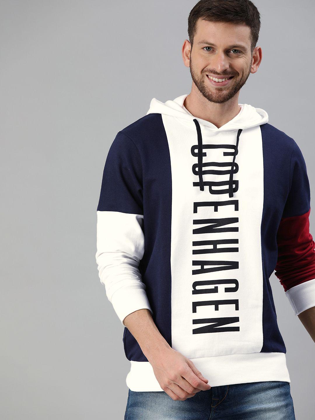 here&now men navy blue & white printed hooded sweatshirt