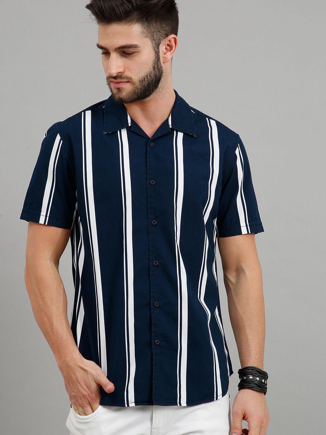 here&now men navy blue & white slim fit striped casual shirt