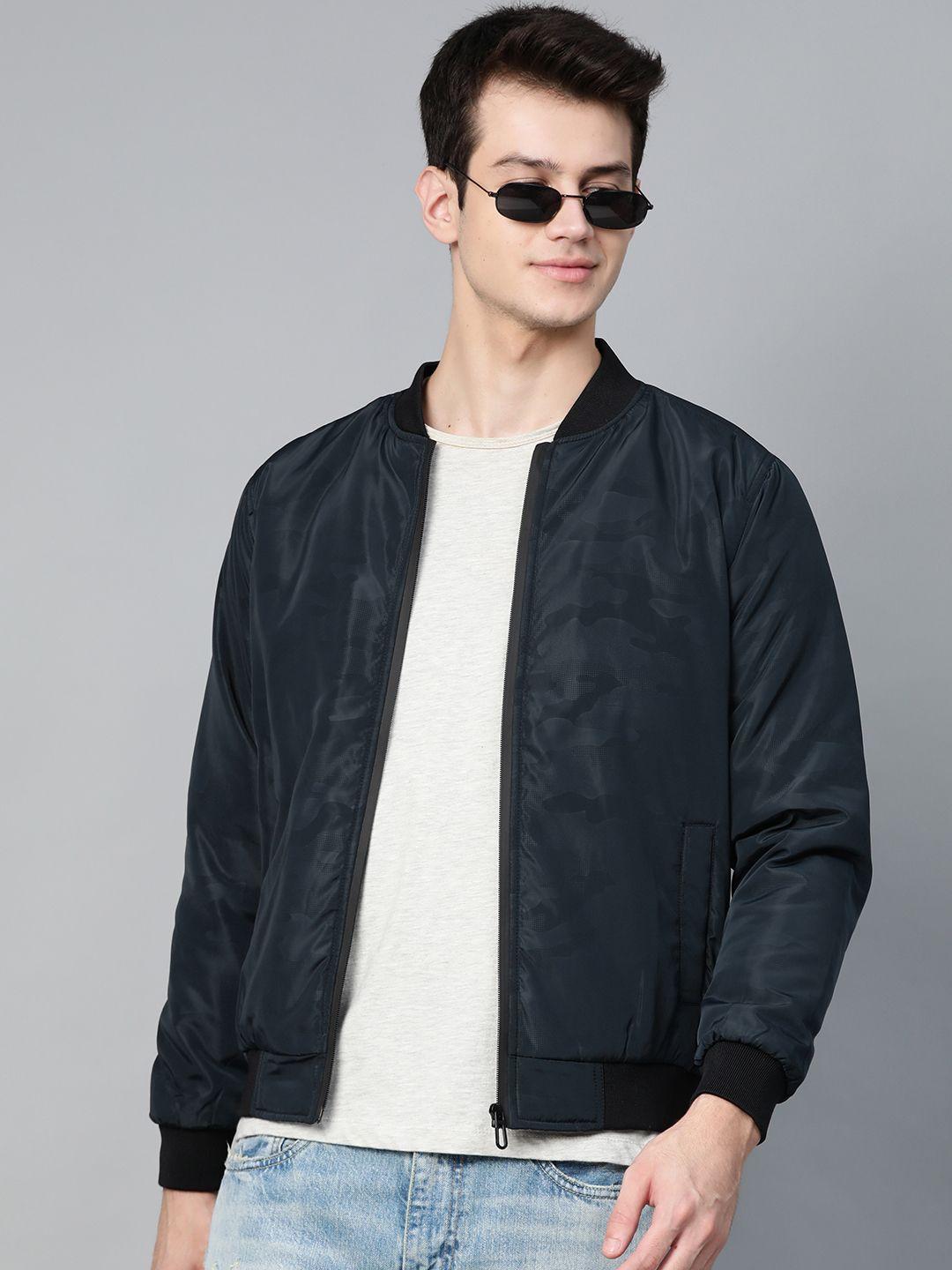 here&now men navy blue camouflage printed bomber jacket