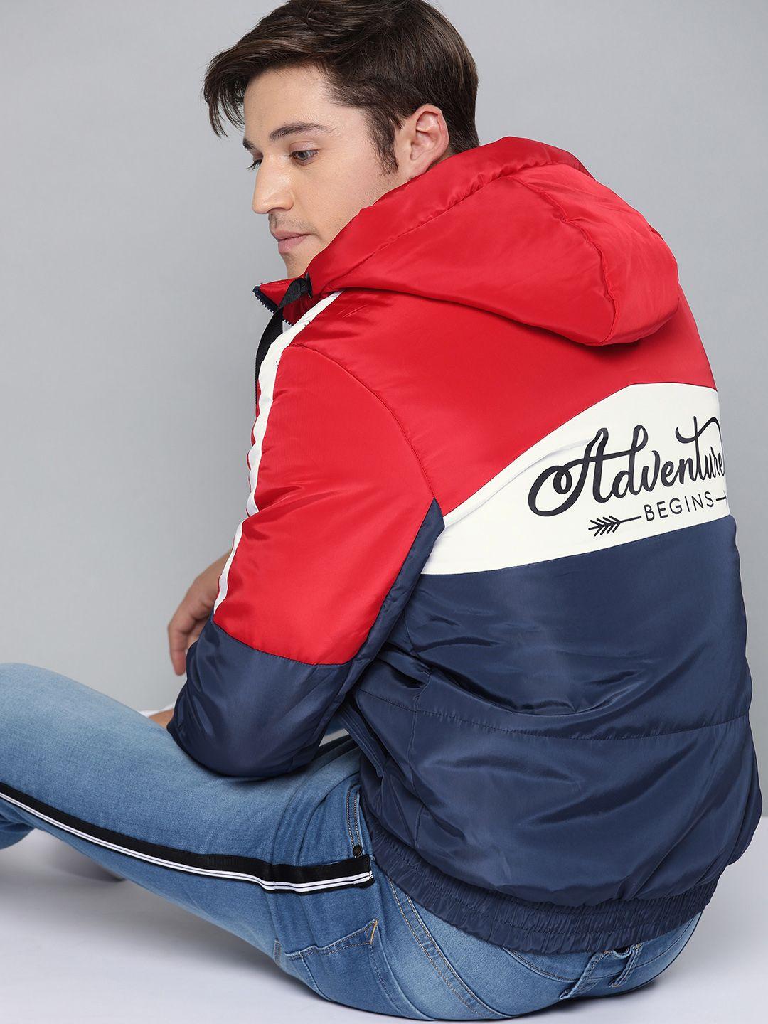 here&now men navy blue colourblocked padded jacket