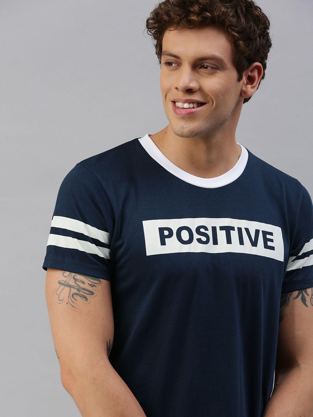 here&now men navy blue printed round neck t-shirt