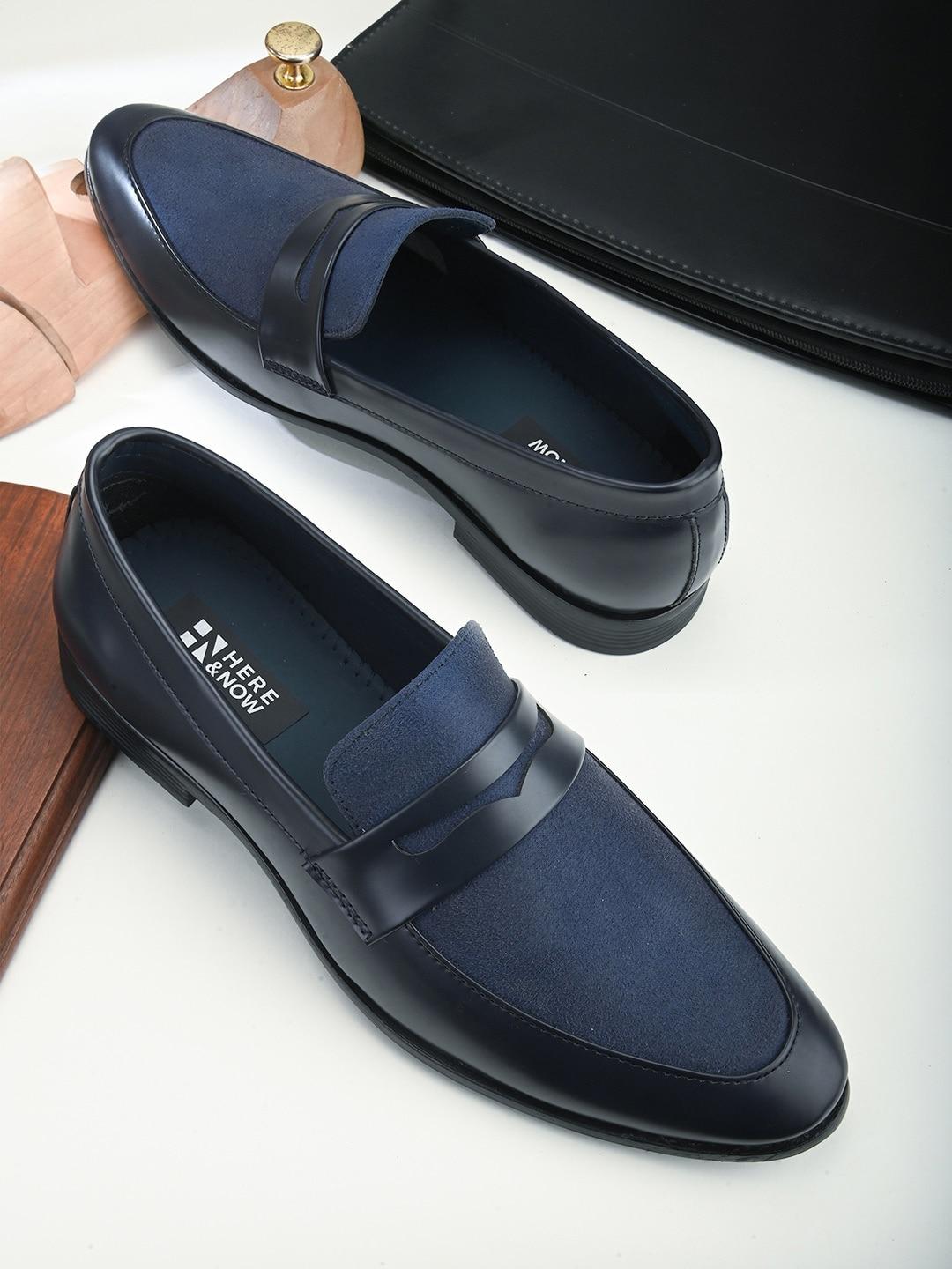 here&now men navy blue round toe suede formal loafers