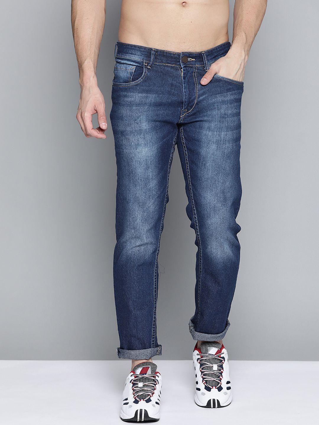 here&now men navy blue slim fit heavy fade mid-rise stretchable jeans