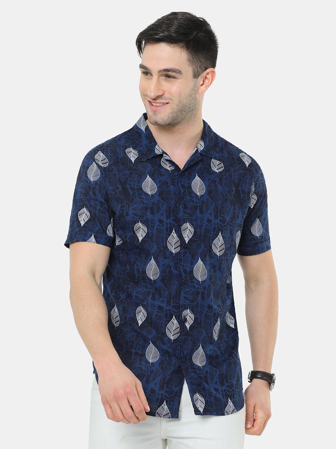 here&now men navy blue slim fit printed casual shirt