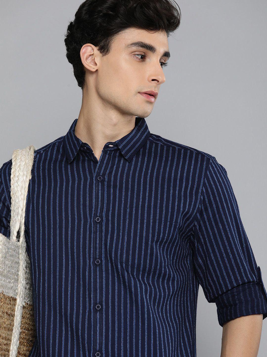 here&now men navy blue slim fit striped casual shirt