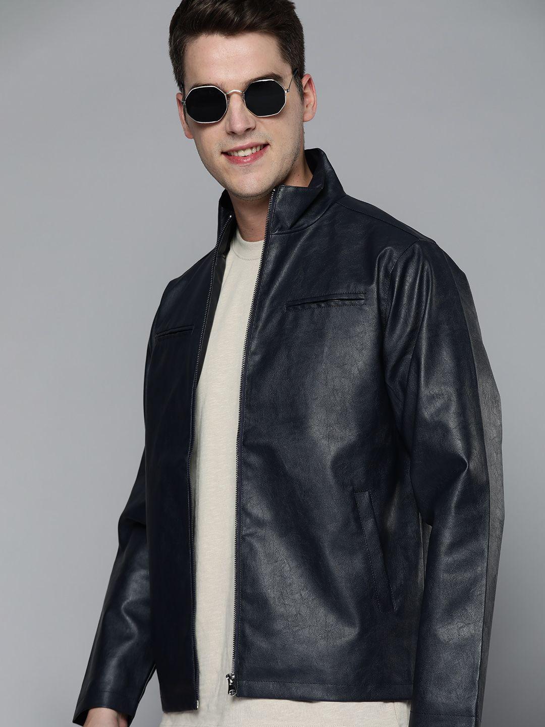 here&now men navy blue solid pu coated tailored jacket