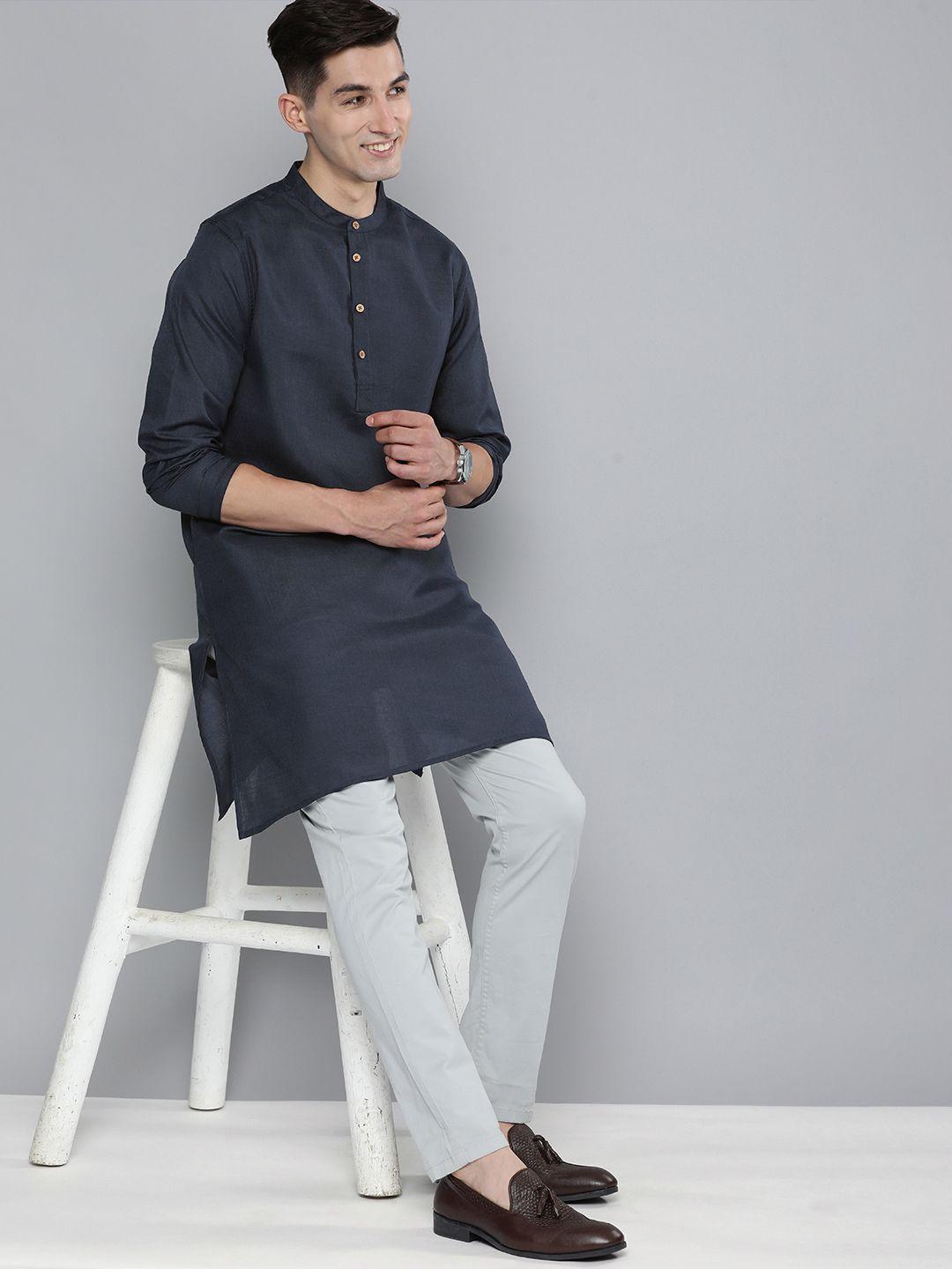 here&now men navy blue solid straight kurta