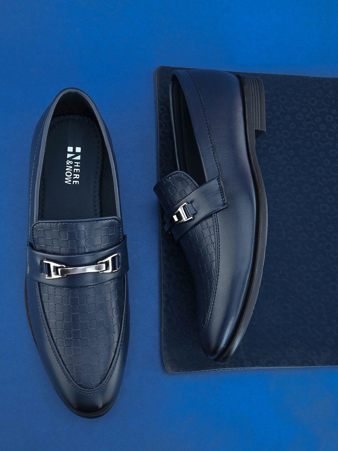 here&now men navy blue textured formal loafers