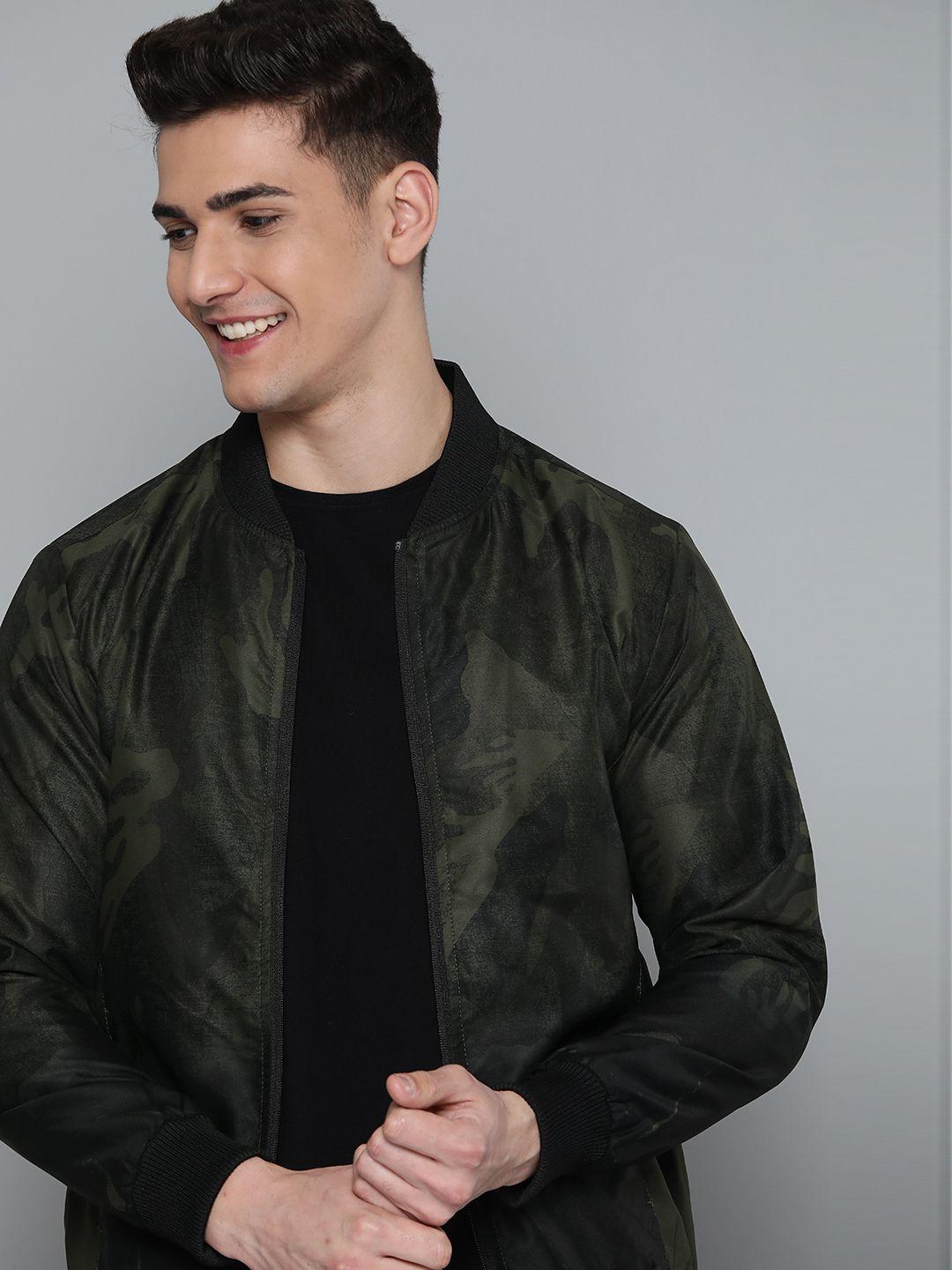 here&now men olive green & black bomber jacket