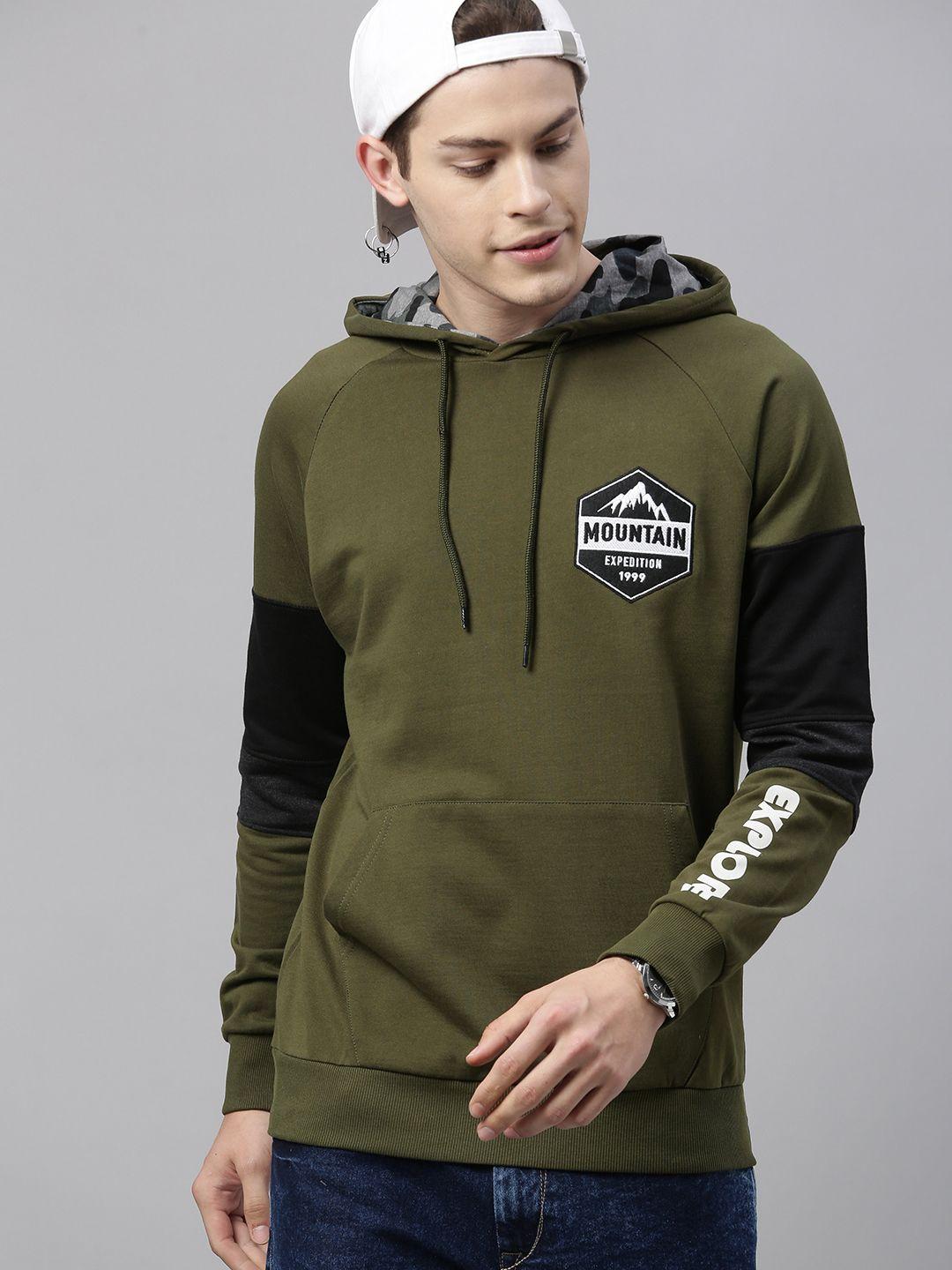 here&now men olive green & black colourblocked hooded sweatshirt