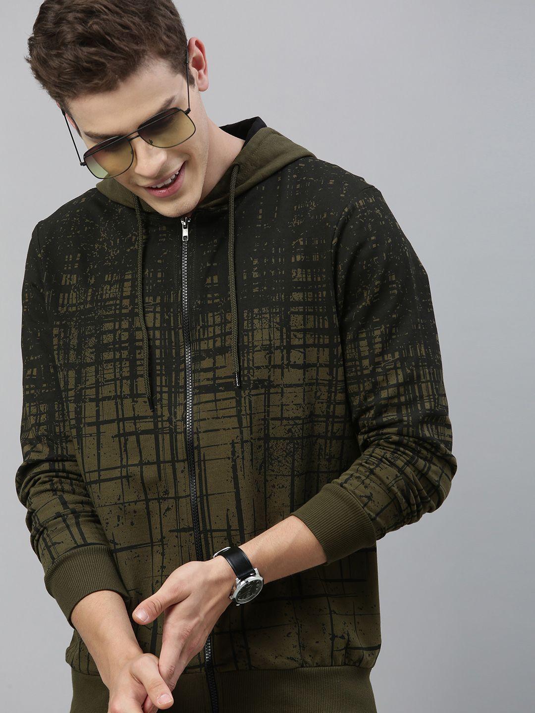 here&now men olive green & black printed hooded sweatshirt