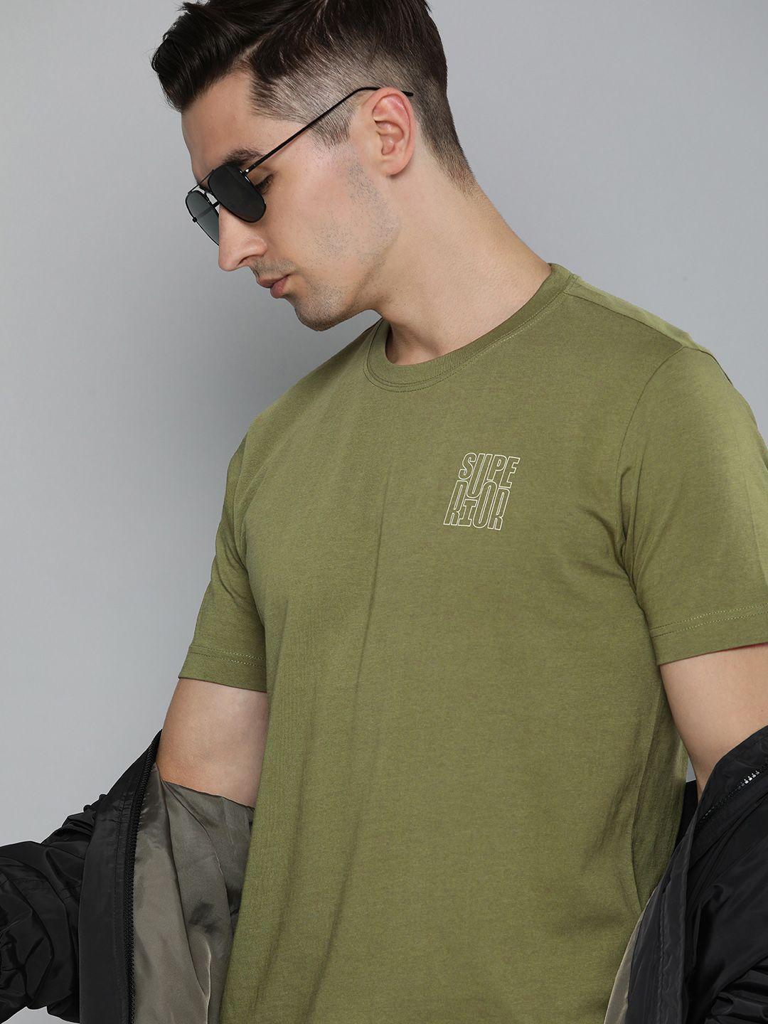 here&now men olive green pure cotton round neck t-shirt