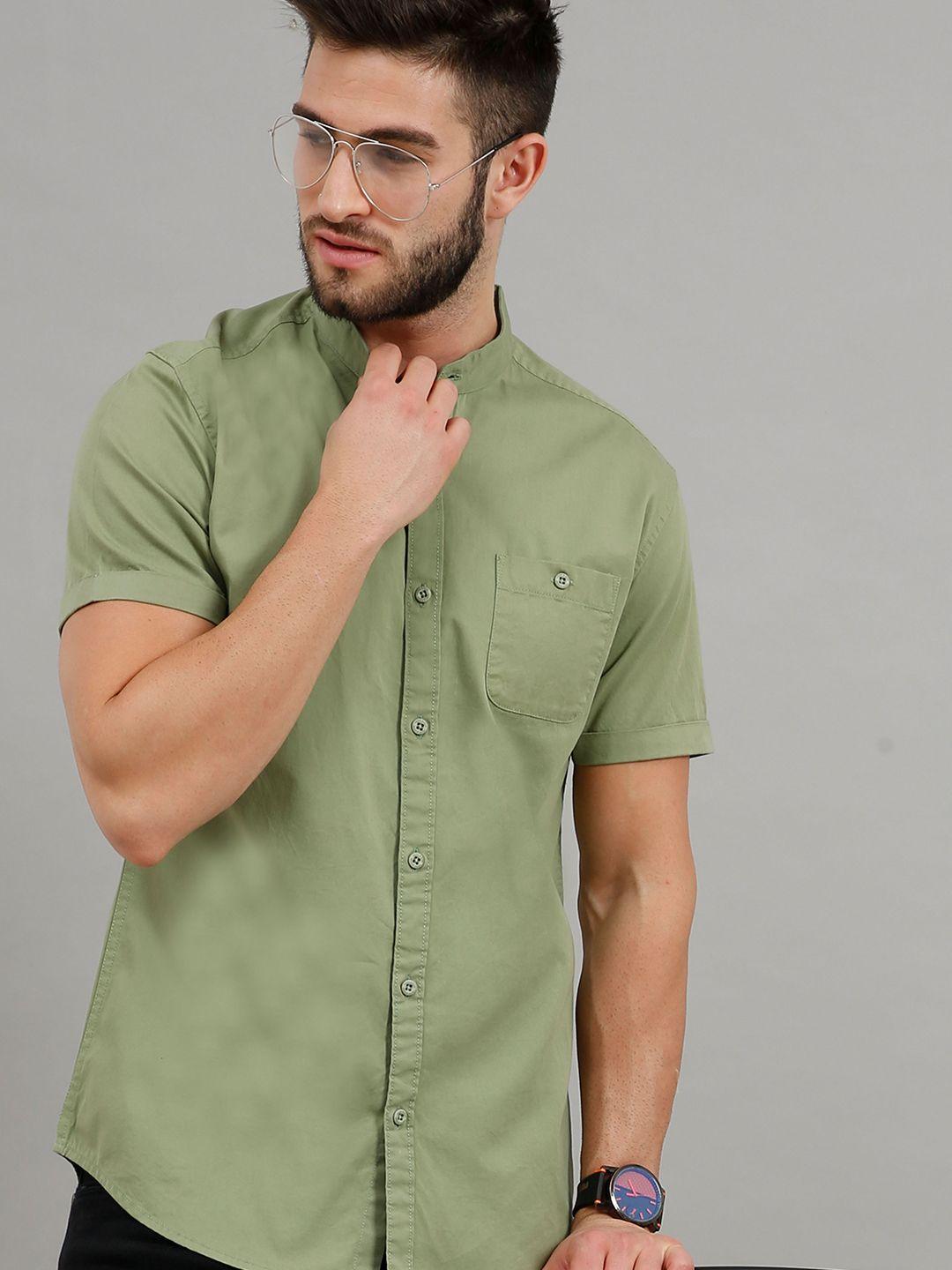 here&now men olive green slim fit cotton casual shirt