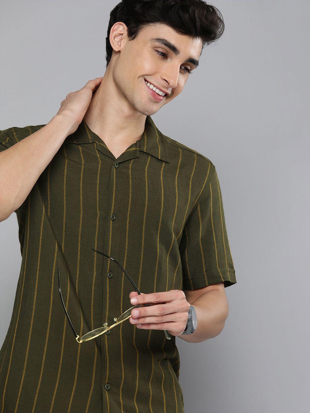 here&now men olive green slim fit striped pure cotton casual shirt