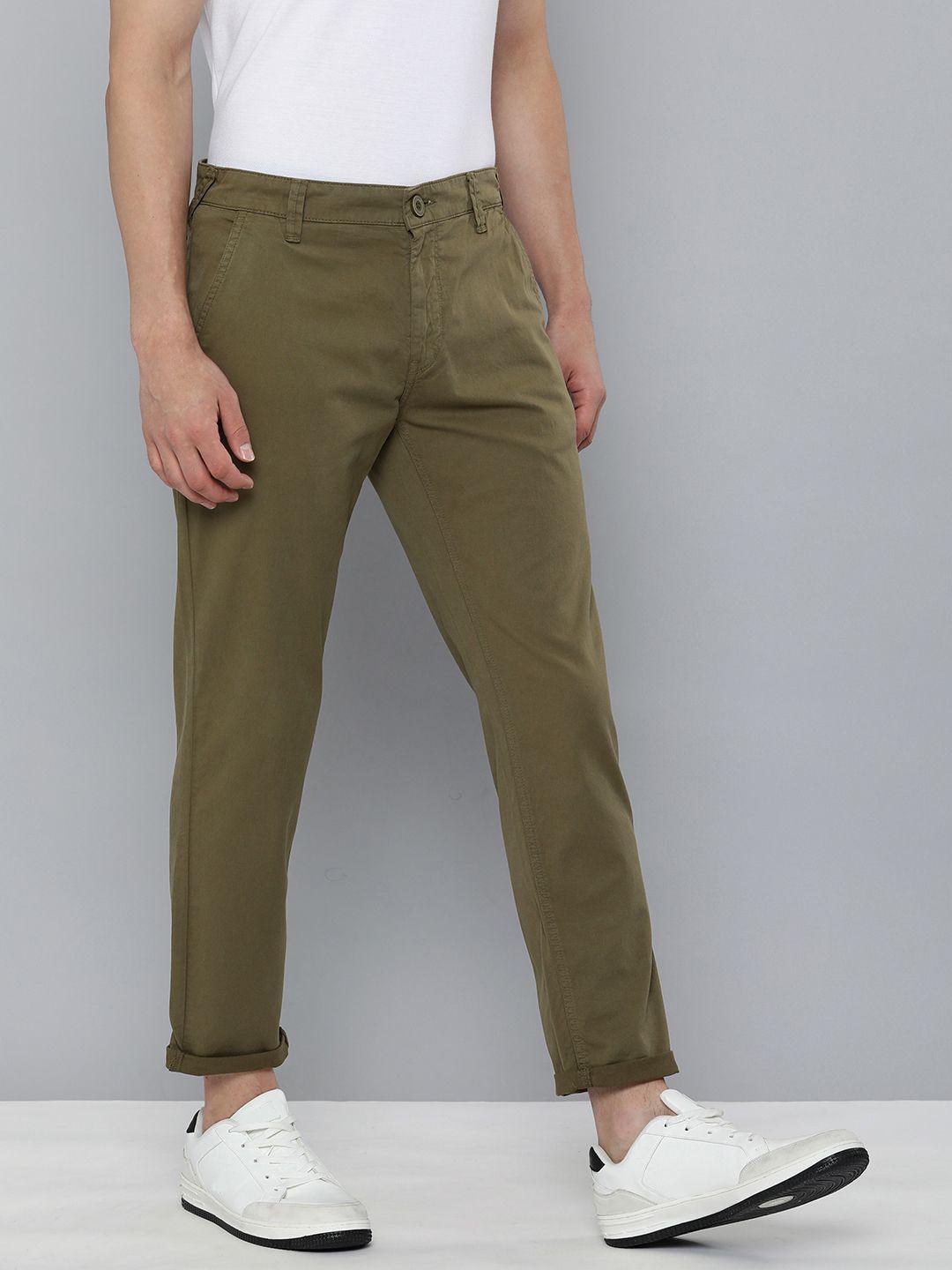 here&now men olive green slim fit trousers