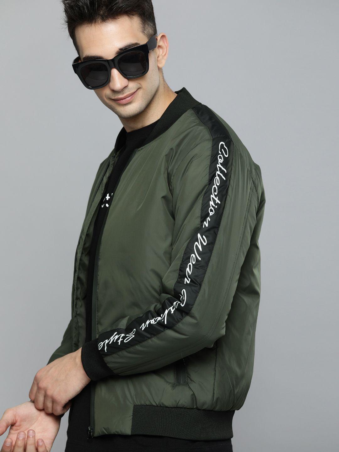 here&now men olive green solid bomber jacket with printed detailing