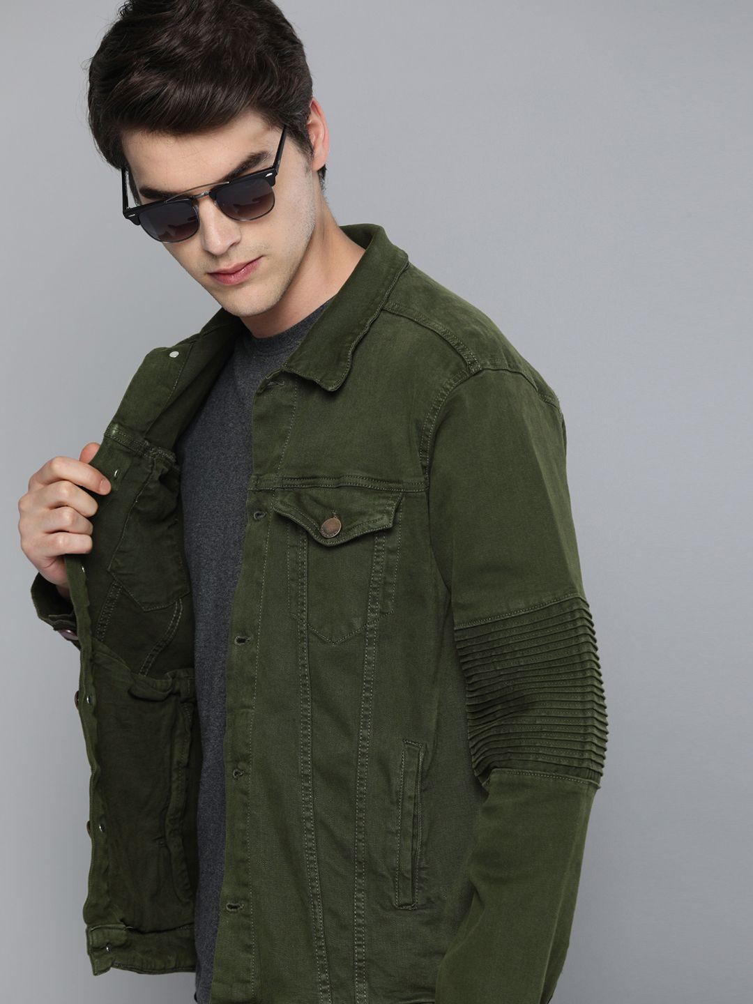 here&now men olive green solid denim jacket with pleat detail