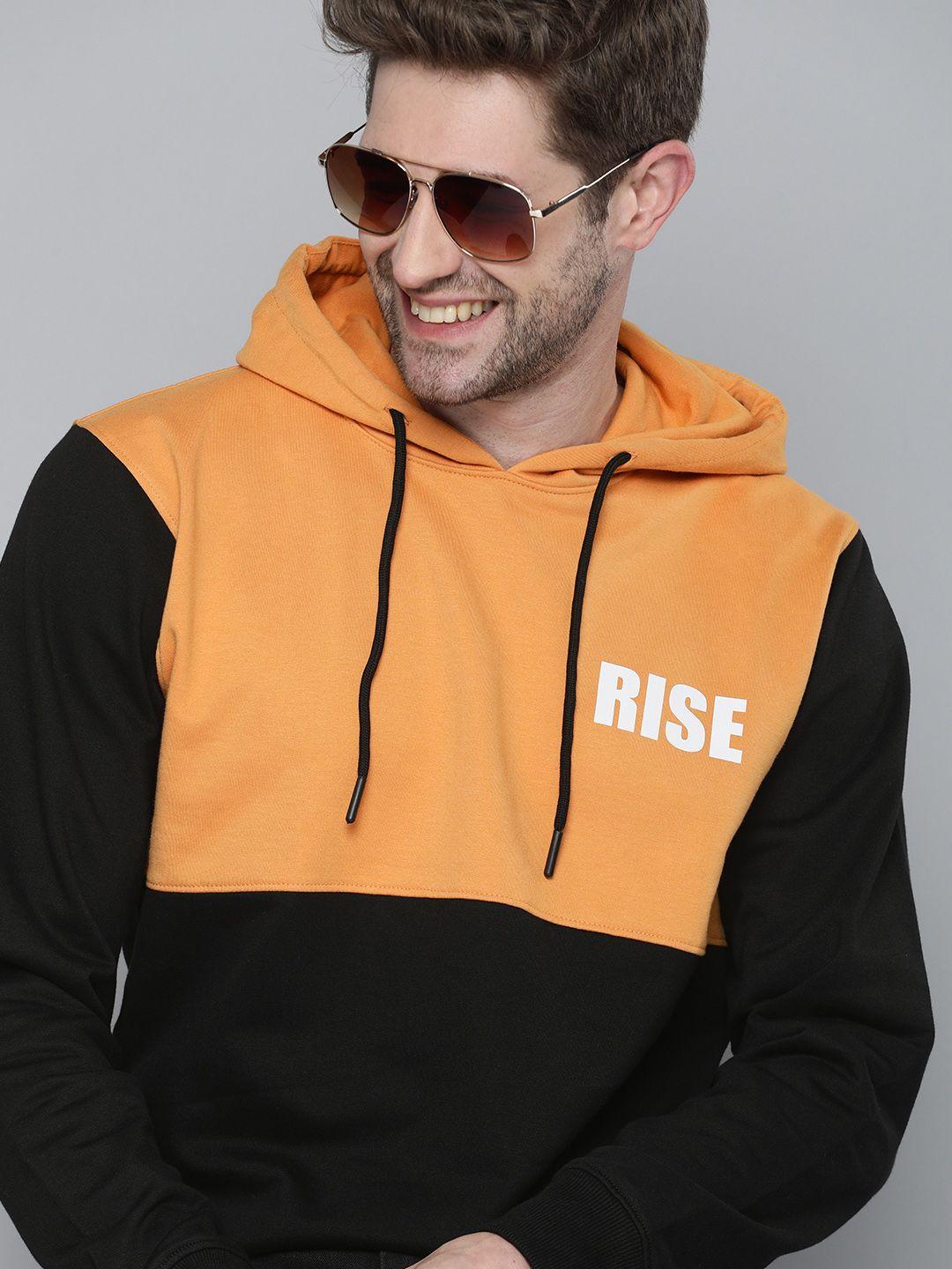 here&now men orange & black colourblocked hooded sweatshirt