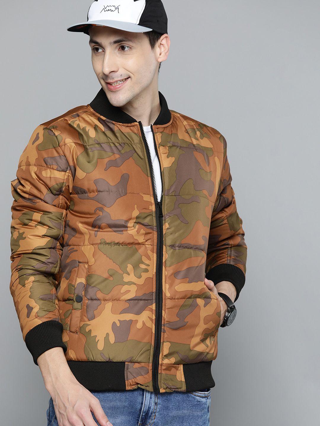 here&now men orange & olive green camouflage print bomber jacket