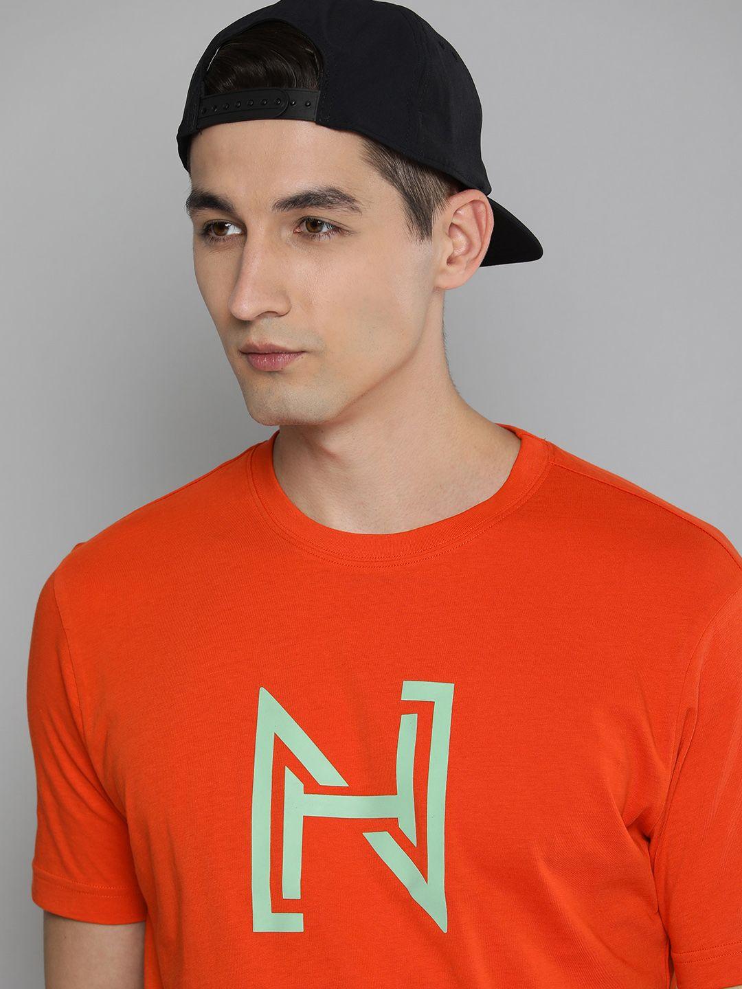 here&now men orange brand logo printed pure cotton t-shirt