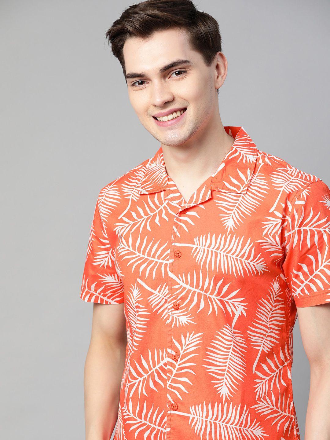 here&now men orange tropical printed slim fit pure cotton casual shirt