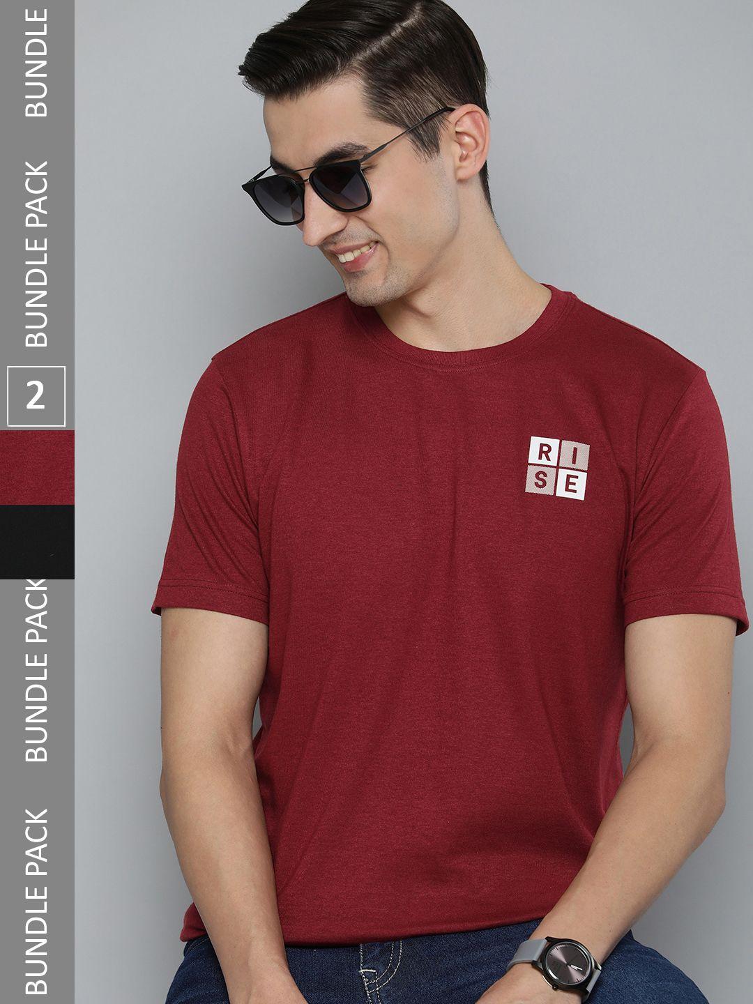 here&now men pack of 2 maroon & black solid pure cotton t-shirt with typography detail