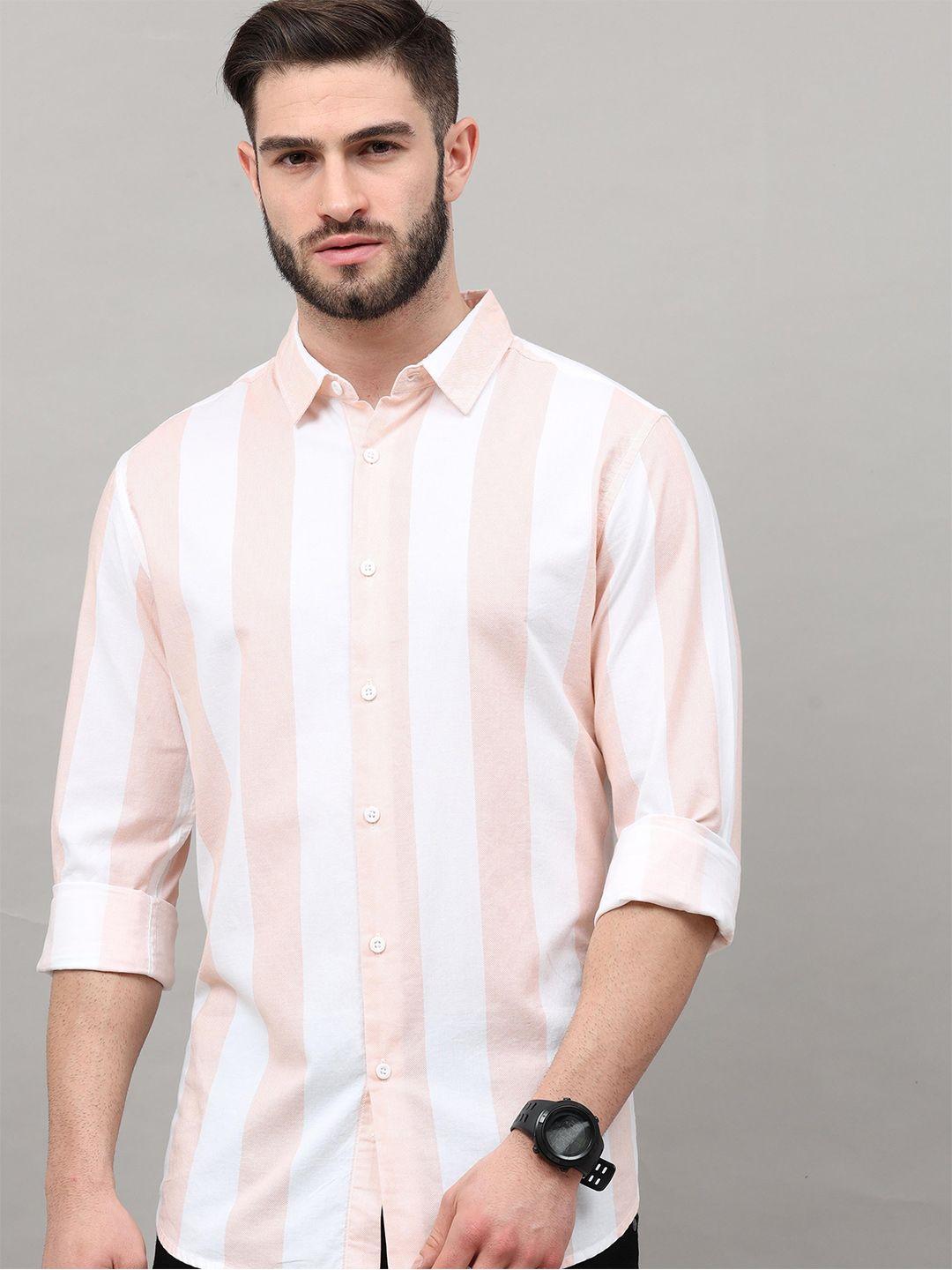 here&now men peach-coloured slim fit striped casual shirt