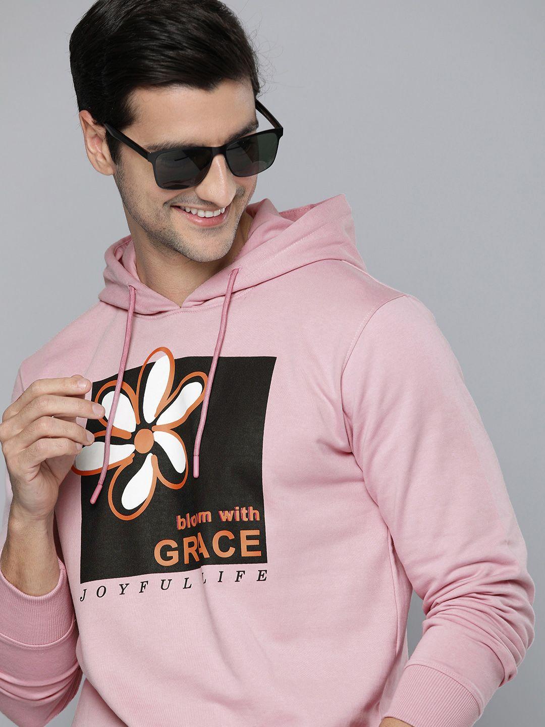 here&now men pink printed hooded sweatshirt