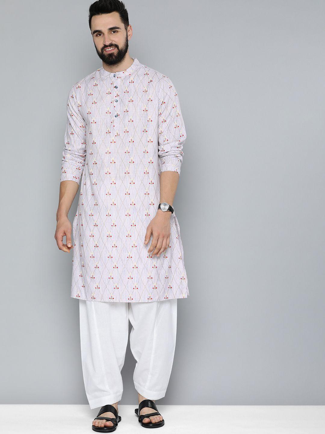 here&now men printed pure cotton kurta with pyjamas