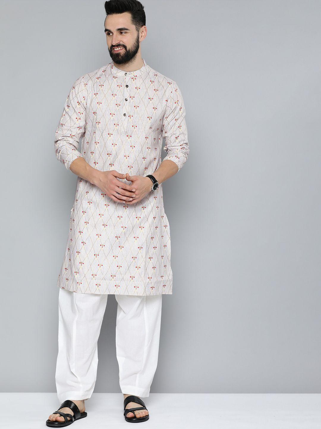 here&now men printed pure cotton kurta with pyjamas