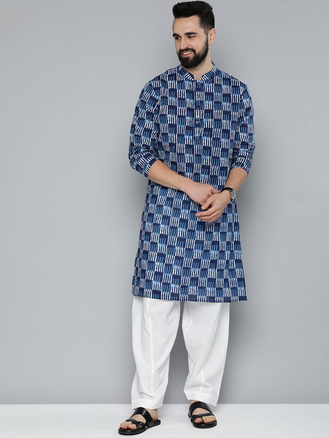 here&now men printed pure cotton kurta with pyjamas