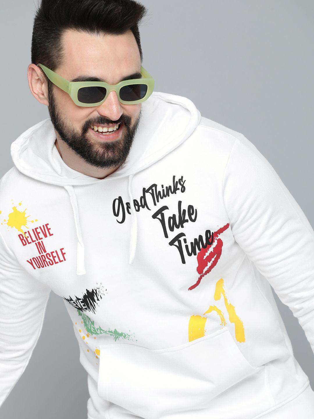 here&now men pure cotton printed hooded sweatshirt