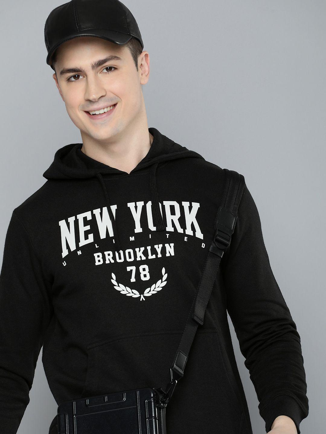 here&now men pure cotton printed hooded sweatshirt