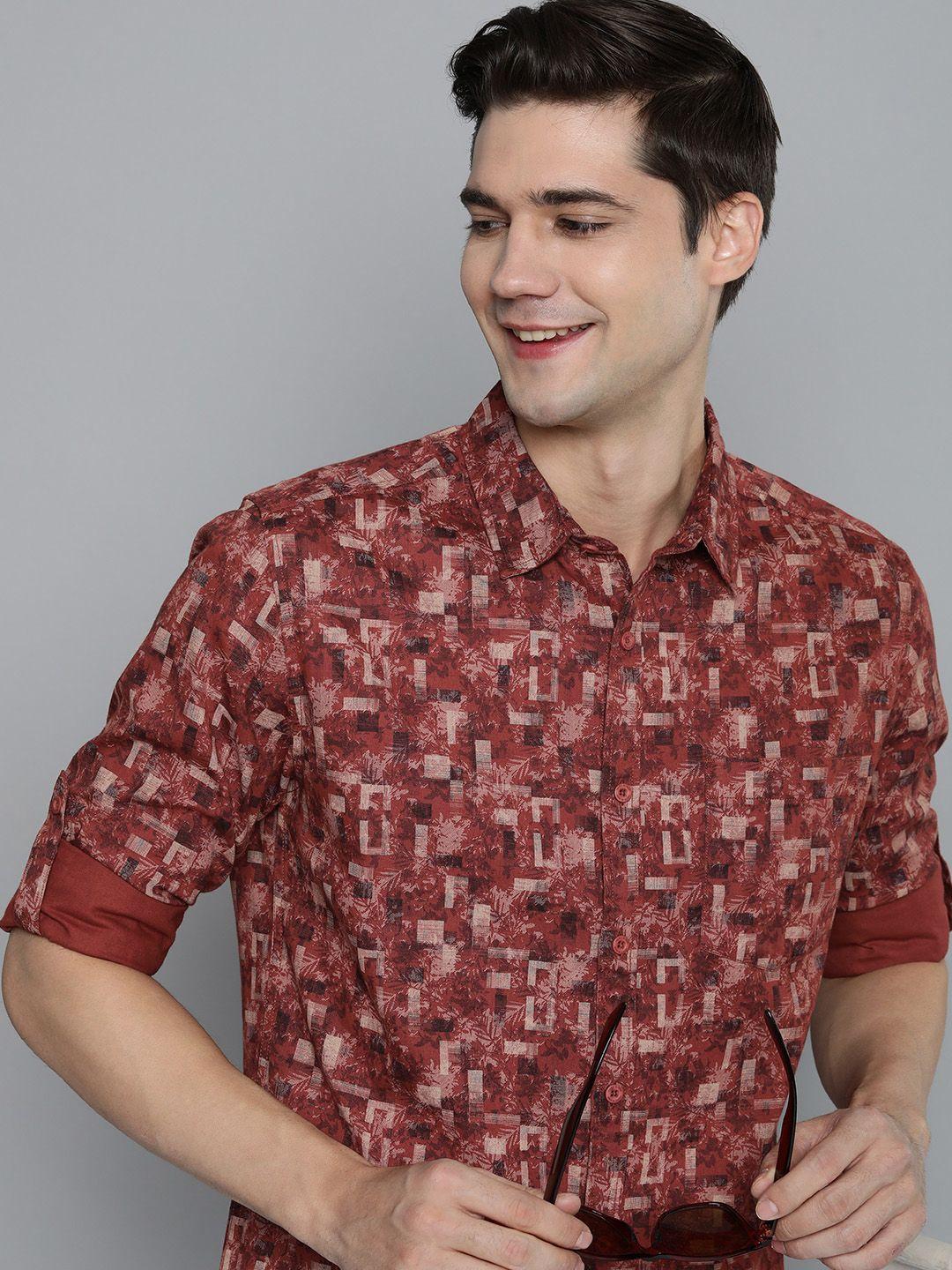 here&now men pure cotton slim fit abstract printed casual shirt