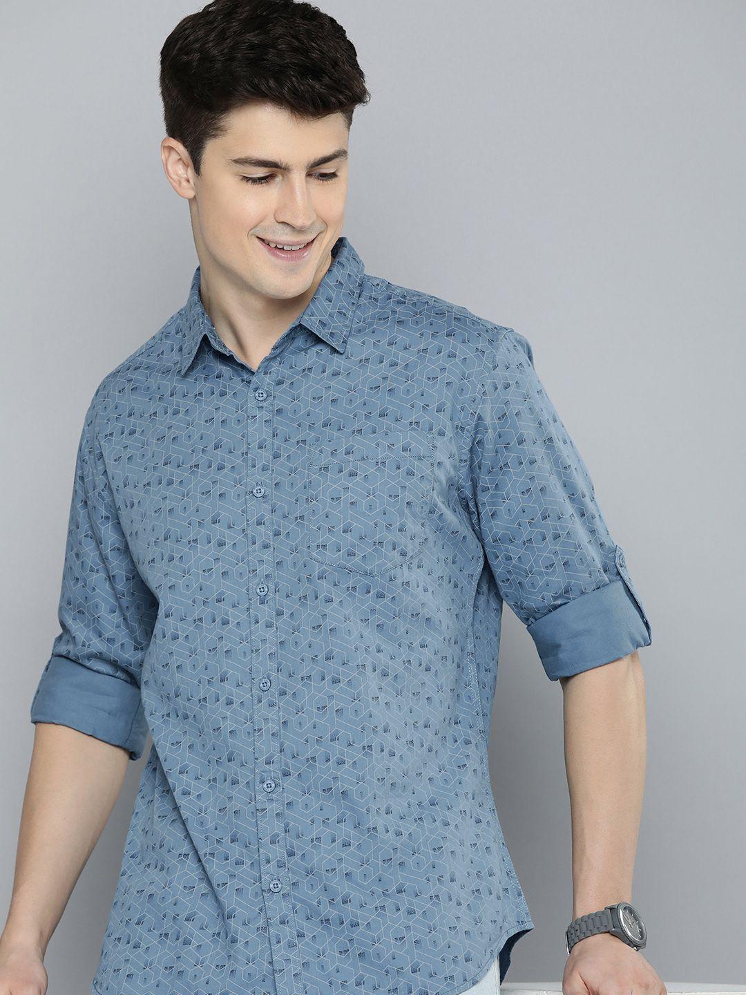 here&now men pure cotton slim fit opaque printed casual shirt