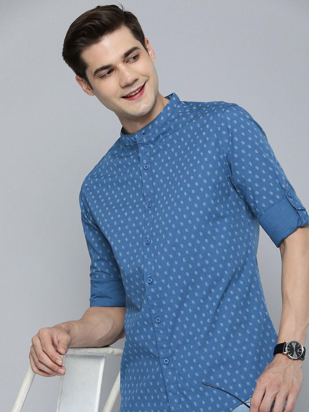 here&now men pure cotton slim fit printed casual shirt