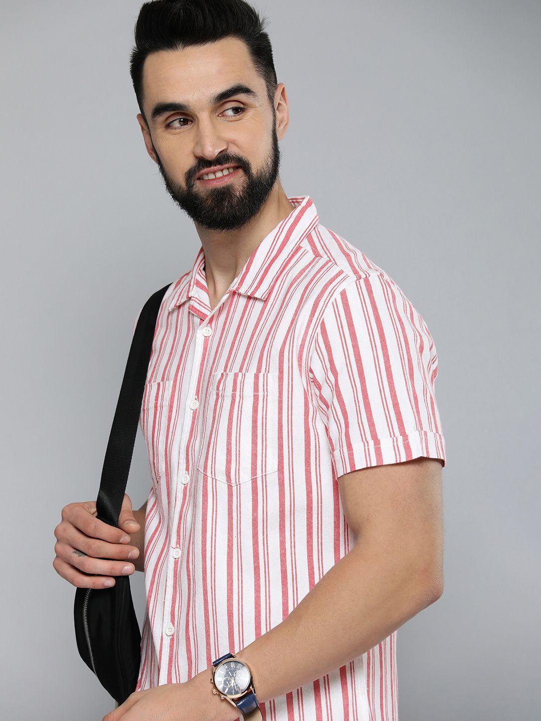 here&now men pure cotton slim fit striped casual shirt