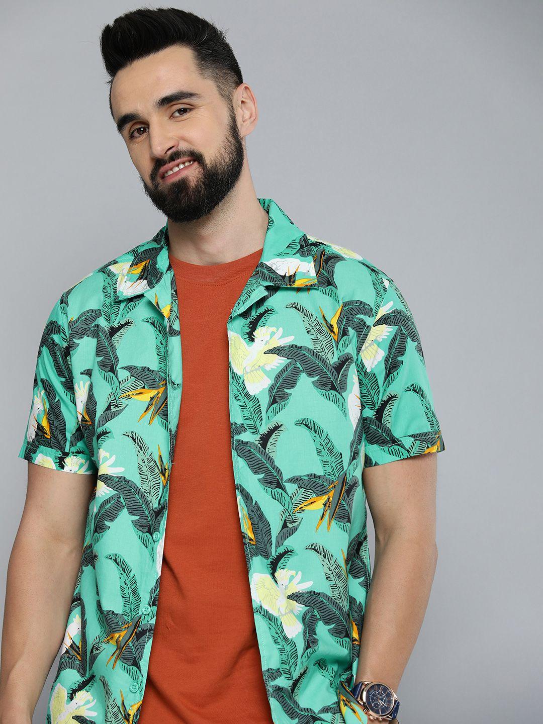 here&now men pure cotton slim fit tropical printed casual shirt