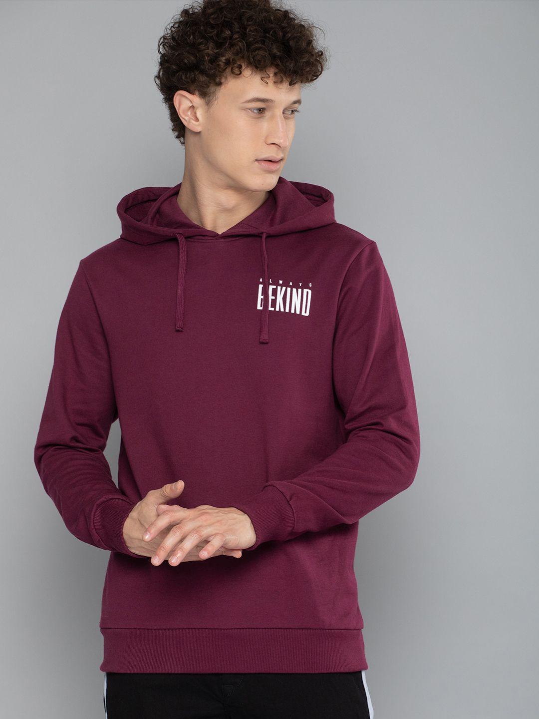 here&now men purple & white printed hooded sweatshirt