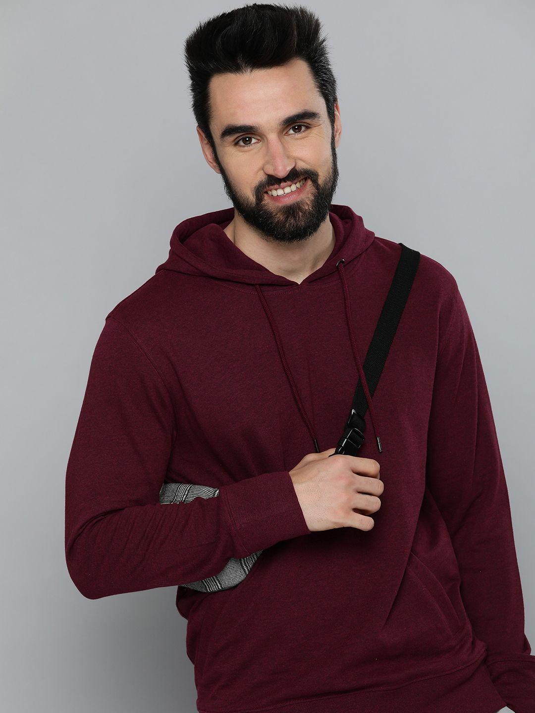 here&now men purple solid knitted hooded sweatshirt