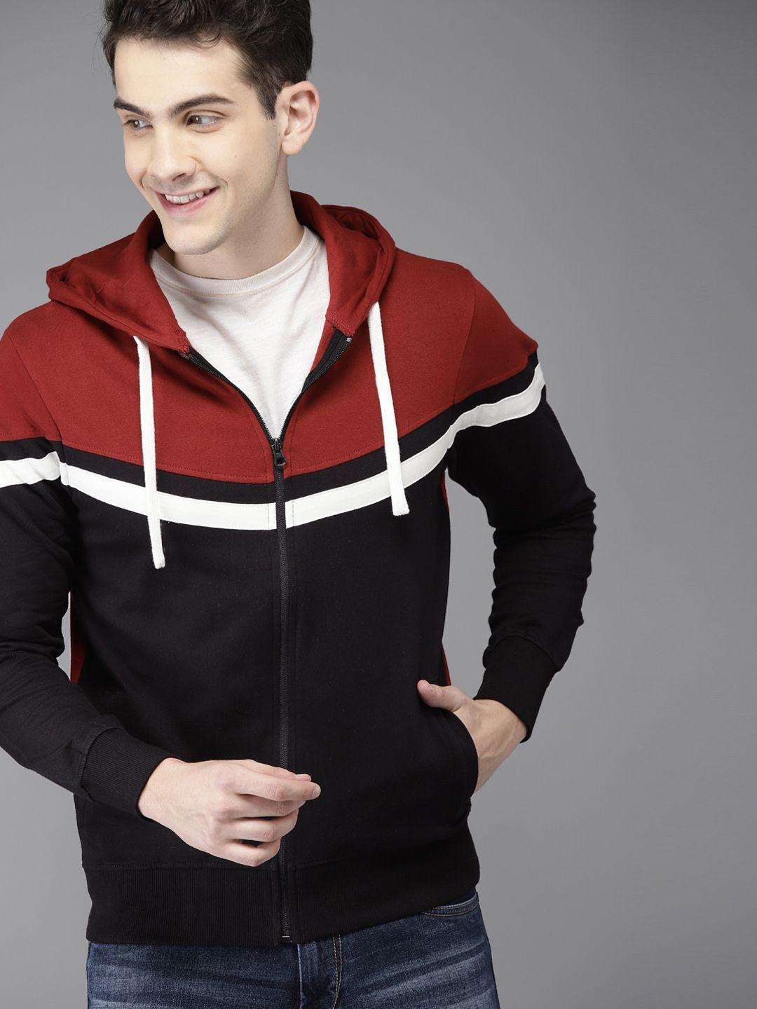 here&now men red & black colourblocked hooded sweatshirt