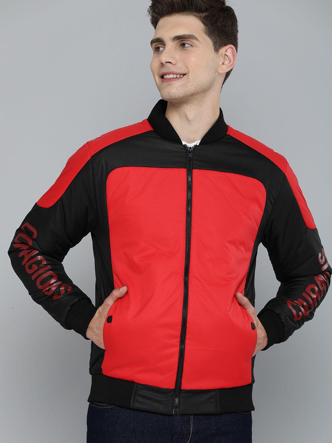 here&now men red & black colourblocked padded jacket