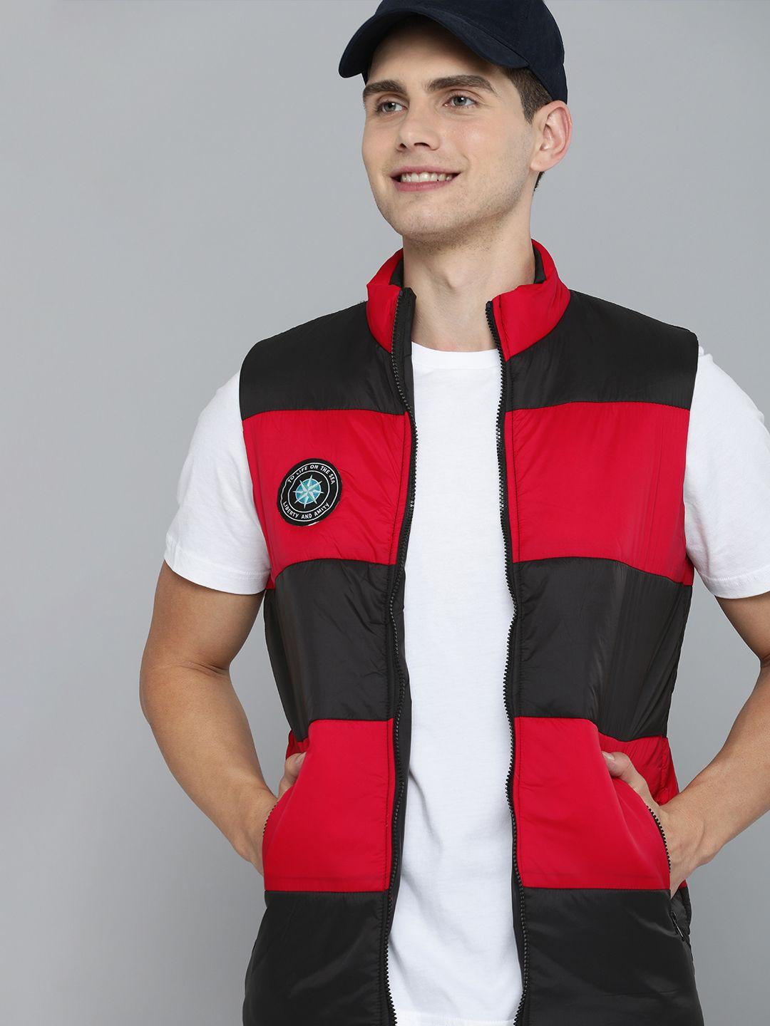 here&now men red & black colourblocked padded jacket