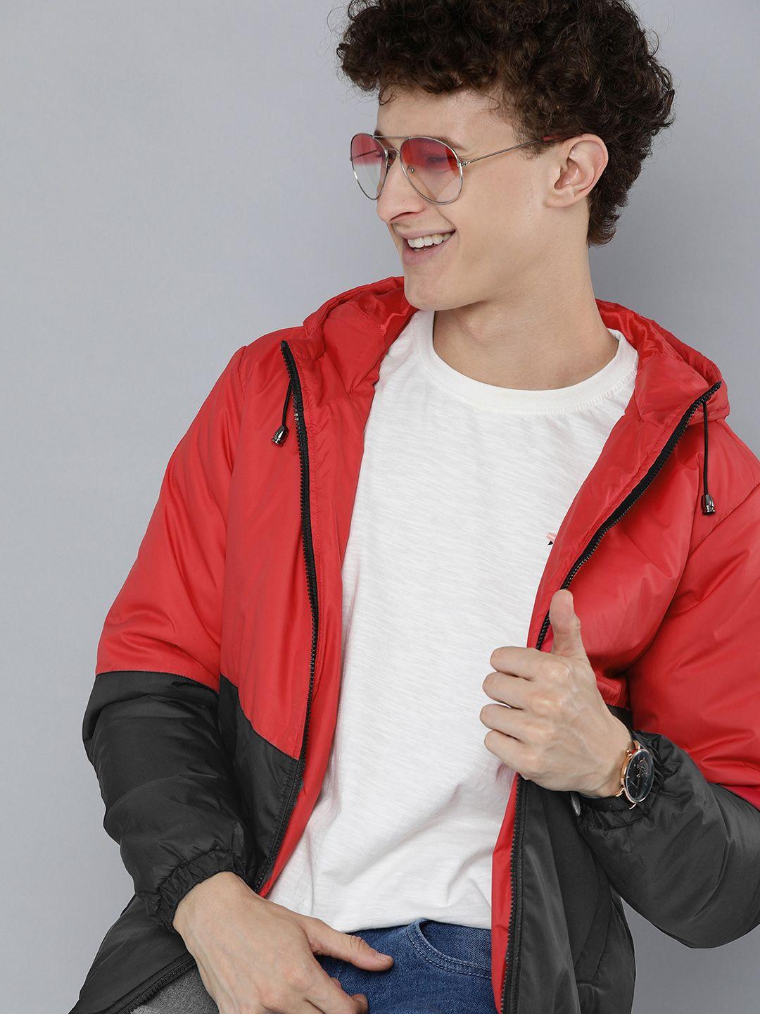 here&now men red & black colourblocked sporty jacket