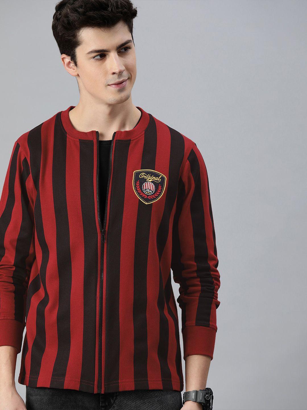 here&now men red & maroon striped front-open sweatshirt