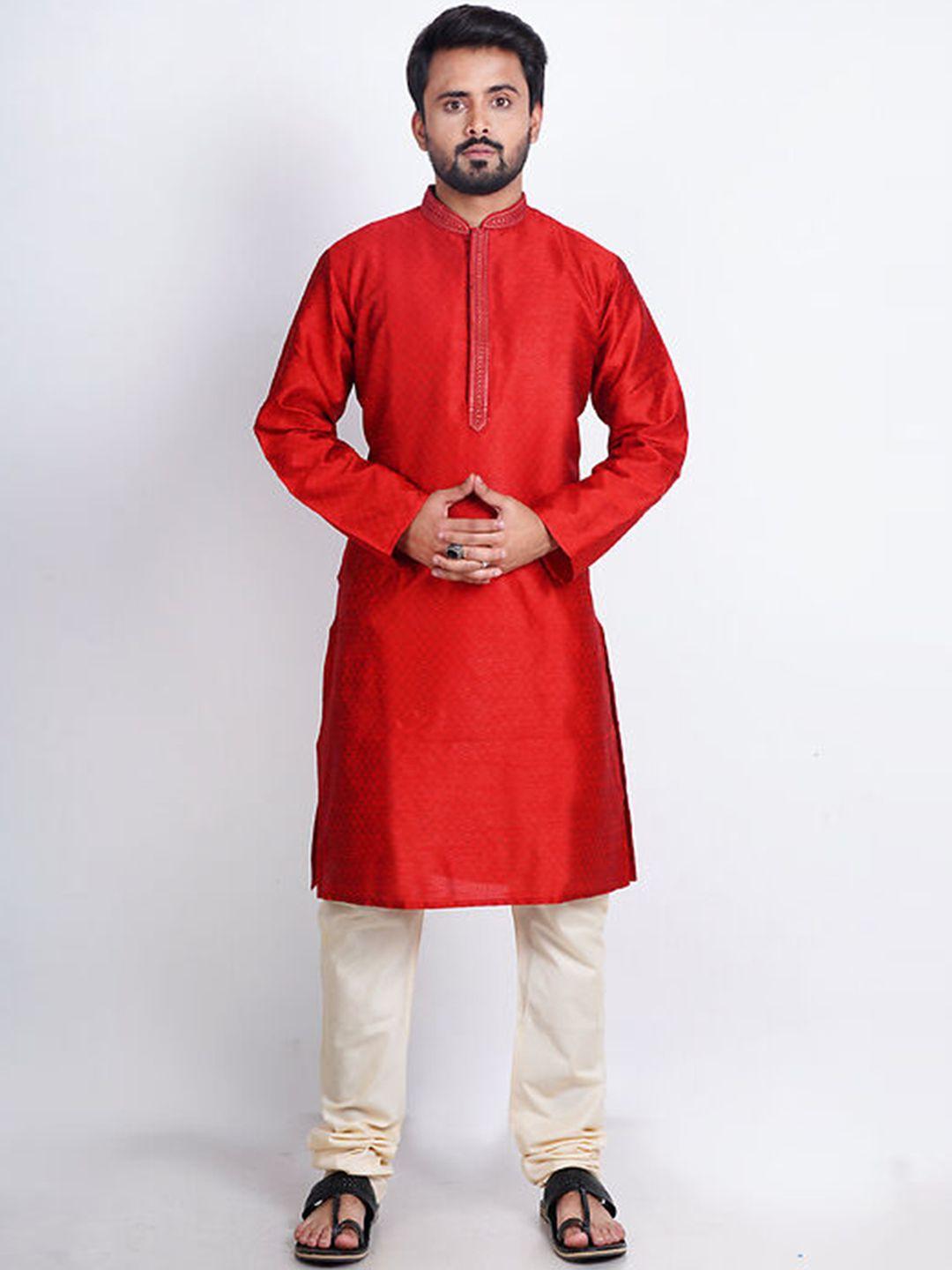 here&now men red geometric printed jacquard kurta