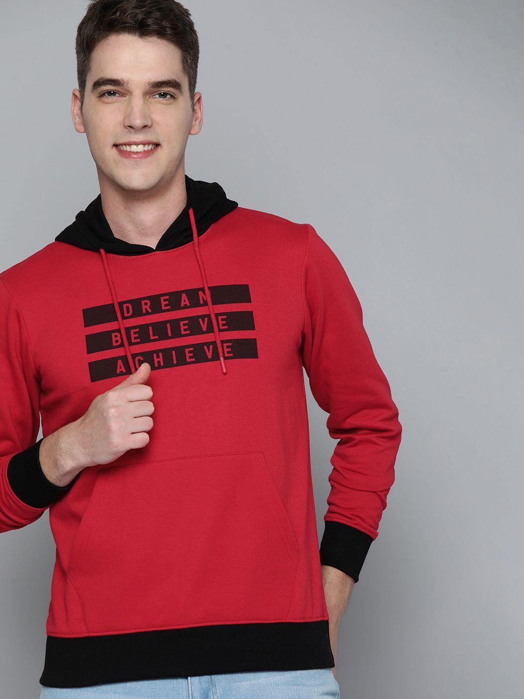 here&now men red typography printed hooded sweatshirt